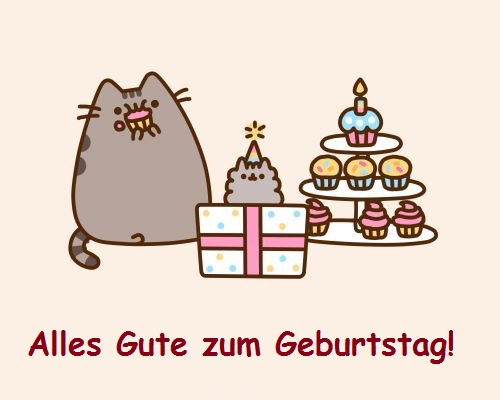 Alles Gute zum Geburtstag! Katze, Kuchen, Kerzen, ein Geschenk